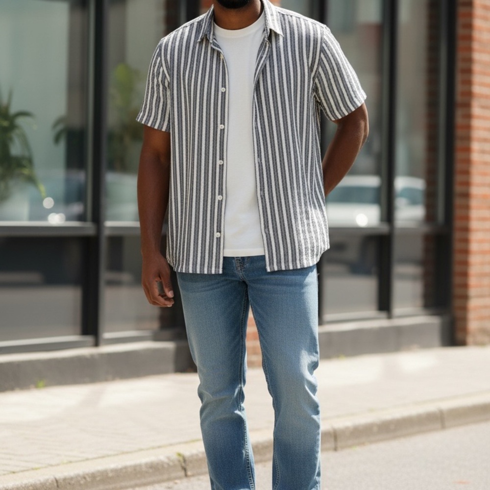 Zara Short-Sleeve Vertical Stripe Button-Down Shirt - Black & White